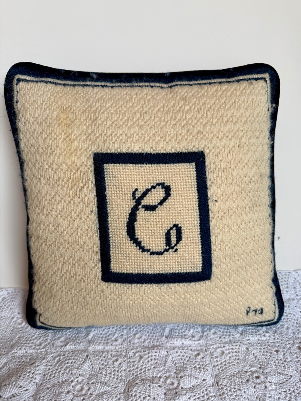 Hand Hooked Monogram C Accent Throw Pillow Navy Cream Wool Velvet Back